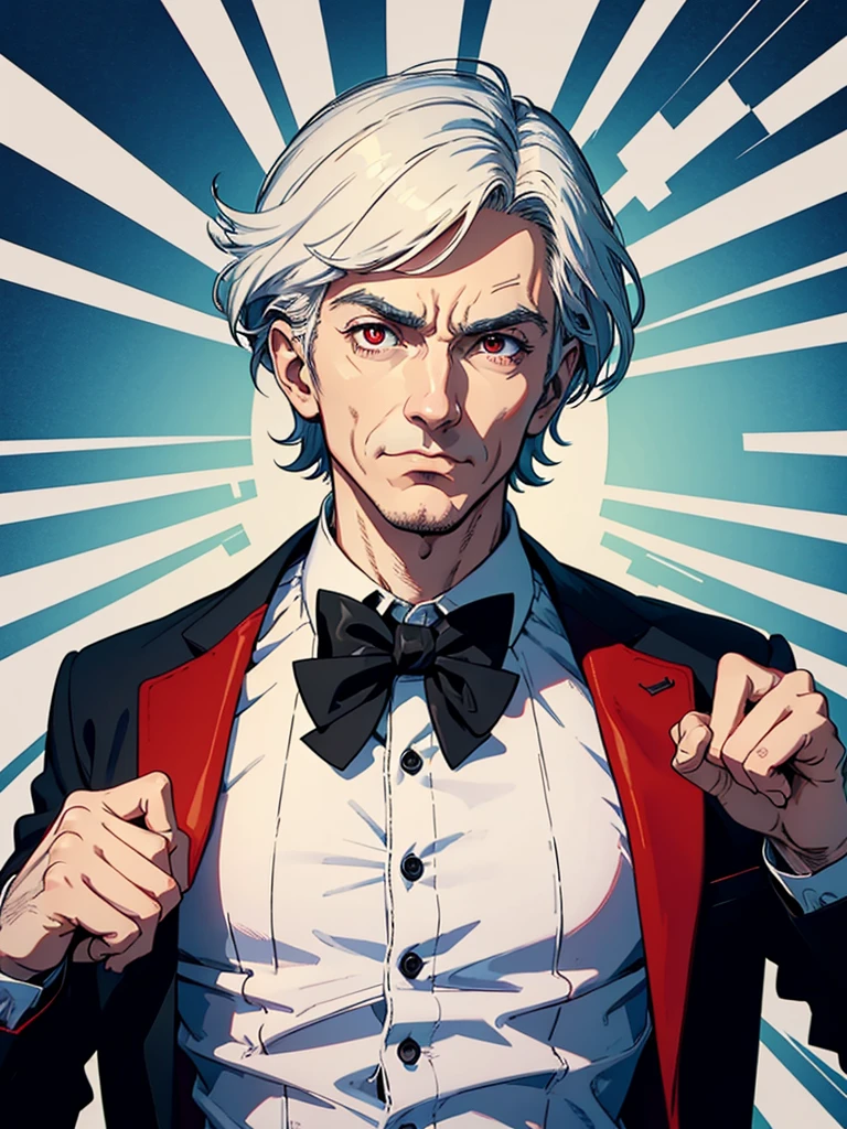 portrait of a close up of a man. his hands is up and fingers towards us as Uncle Sam, he is making hypnosis.He has Red eyes and white short hair, wearing white, his hands up and a bow tie. he is making hypnosise with his hand. Dracula style. comics anime style, 70s poster, pop punk art style (No background) (portrait of his upper body)