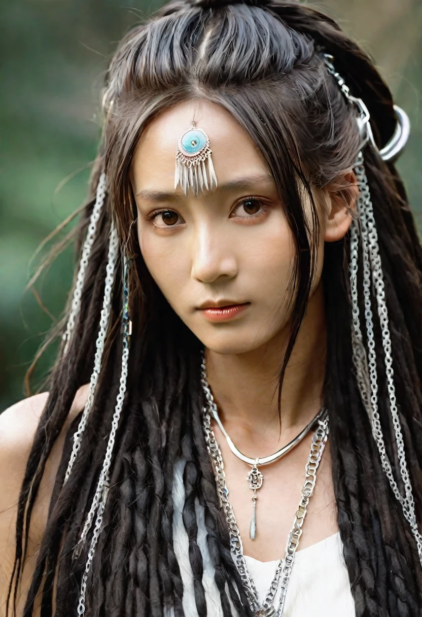 Close-up portrait photography, Beautiful Japanese woman with very long black dreadlocks and loose hair, Long and beautiful、Slim and、Elegant and confident、A face with fine wrinkles, Beautiful big brown eyes, Elegant and thin silver face chain accessory, Fantasy Tribal Charm Inspirational Information
