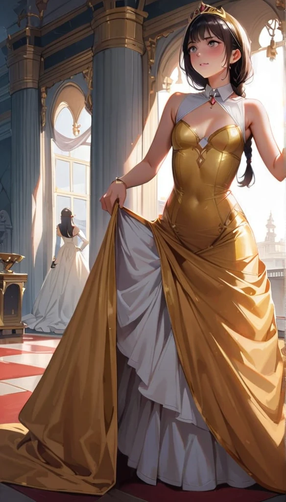 (masterpiece), Princess,Princess,Small breasts,Light blue lace underwear, Natural light, Realistic, Diffuse Light, Looking up from below,vapor, (Lift up your skirt), (urination), Braid,Race Stock Vang,Luxury Long Dress,Embarrassed red face,tiara.royal palace, penis,
ストッキングの下にパンティ