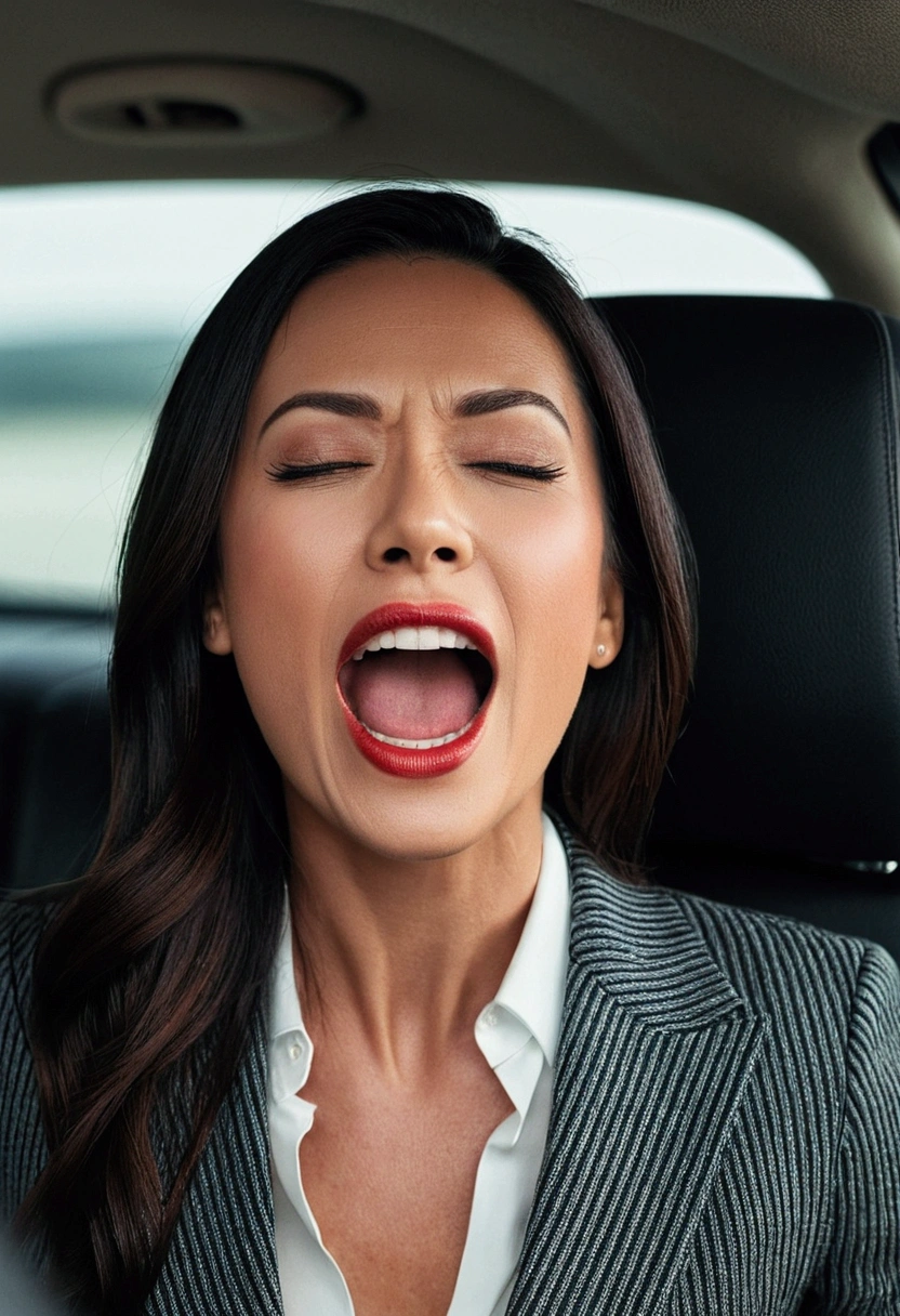 masutepiece,,award - winning photo, Extremely detailed, edgOrgasm,Face Focus, Woman with mouth open and eyes closed , Woman with Edge _Face、35 year old、A dark-haired、 News Anchor、inside of a car、