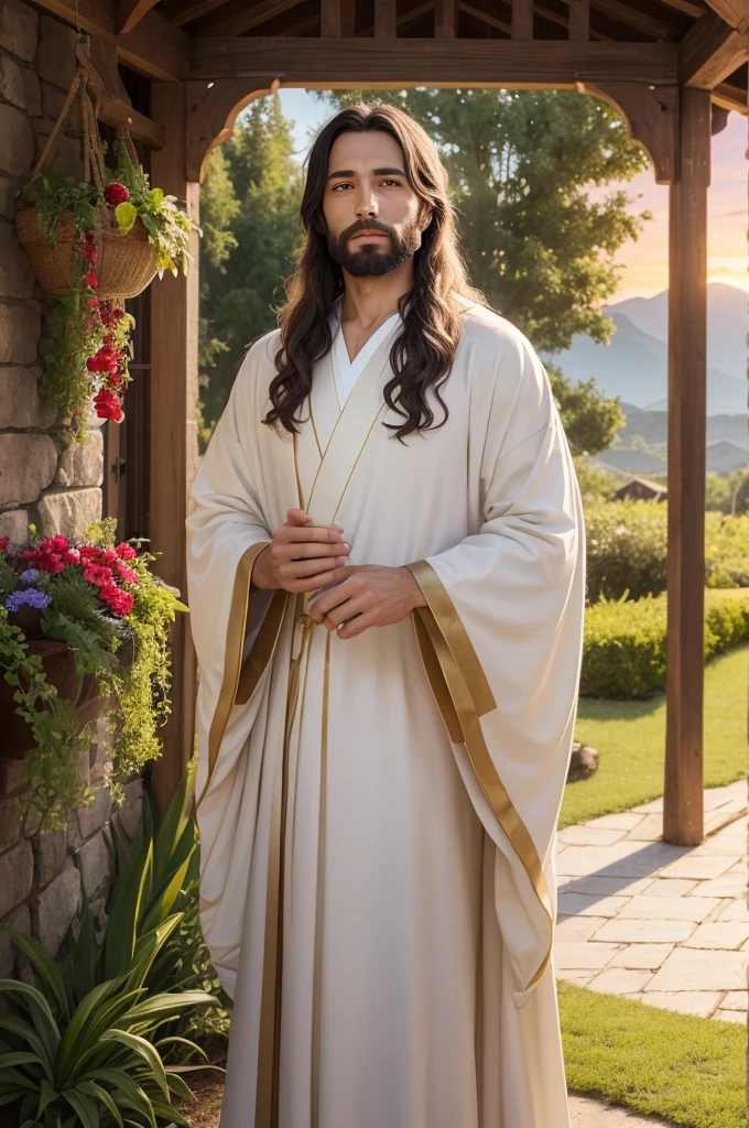  create a high quality product, realistic image of Jesus Christ. He must be portrayed with a gentle and serene expression, wearing traditional robes with vibrant, rich colors. The background should include a peaceful atmosphere, bright natural scenery, bright coloured, with a simple house in the background, perhaps featuring a sunset or lush landscape to enhance the vibrancy and overall beauty of the image.
