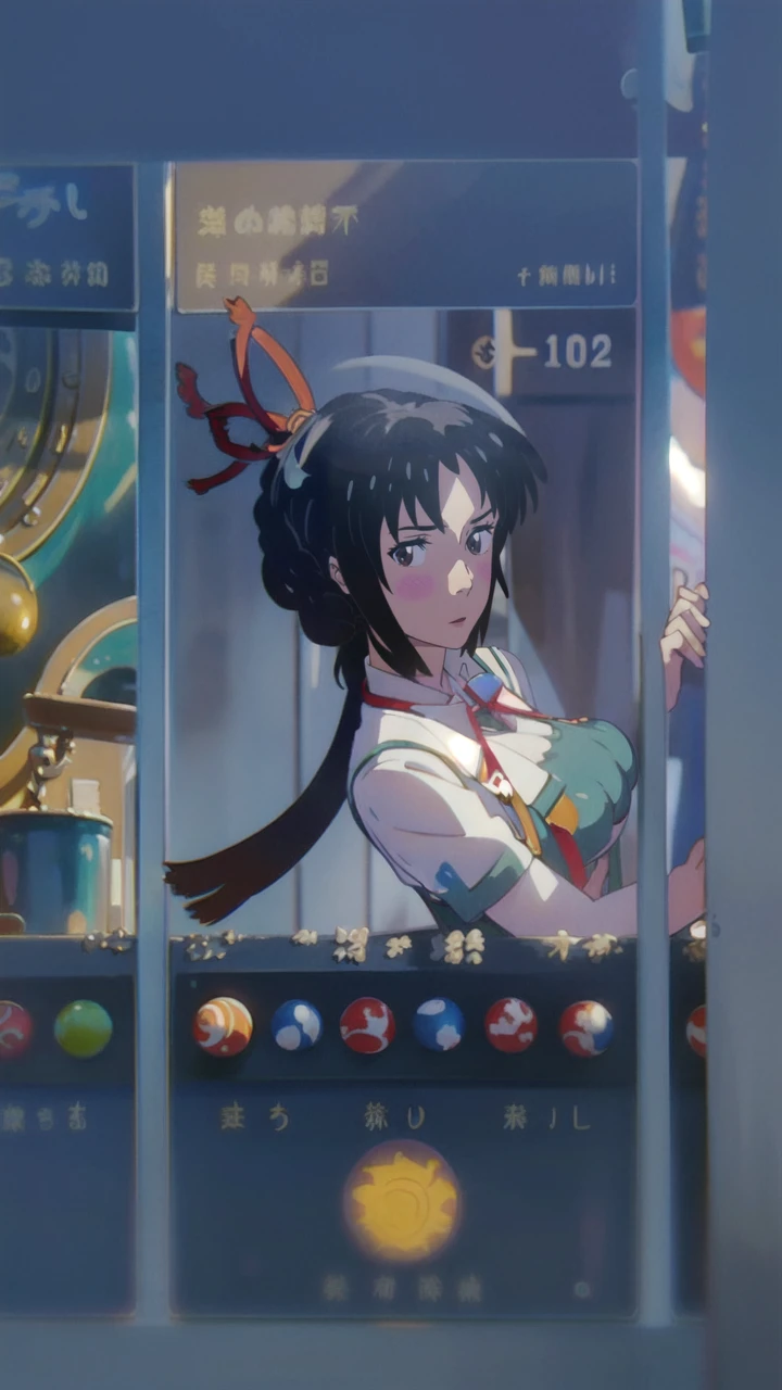 miyamizu_mitsuha, red bowtie,
jewelry, white yoga crop top, white yoga tight shorts, hands on chest,see-through, looking at viewer,  hair ornament, choker, shy,
(masterpiece, top quality, best quality, official art, beautiful and aesthetic:1.2), (1 girl), extreme detailed,  colorful, highest detailed,
(huge breasts:1.2, upper body, from below,  cameltoe,  ) white panties,
china city,street,  sun, cloud, wall, leaning,