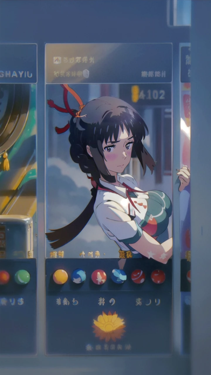 miyamizu_mitsuha, red bowtie,
jewelry, white yoga crop top, white yoga tight shorts, hands on chest,see-through, looking at viewer,  hair ornament, choker, shy,
(masterpiece, top quality, best quality, official art, beautiful and aesthetic:1.2), (1 girl), extreme detailed,  colorful, highest detailed,
(huge breasts:1.2, upper body, from below,  cameltoe,  ) white panties,
china city,street,  sun, cloud, wall, leaning,