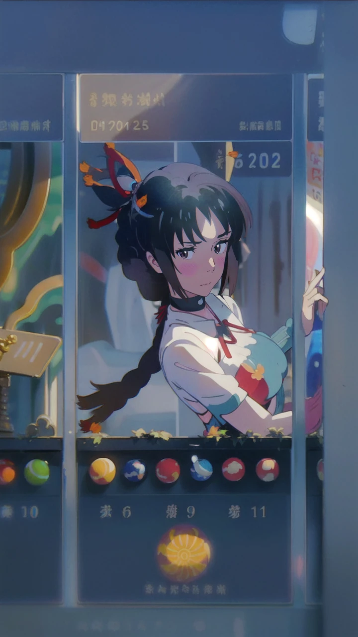 miyamizu_mitsuha, red bowtie,
jewelry, white yoga crop top, white yoga tight shorts, hands on chest,see-through, looking at viewer,  hair ornament, choker, shy,
(masterpiece, top quality, best quality, official art, beautiful and aesthetic:1.2), (1 girl), extreme detailed,  colorful, highest detailed,
(huge breasts:1.2, upper body, from below,  cameltoe,  ) white panties,
china city,street,  sun, cloud, wall, leaning,