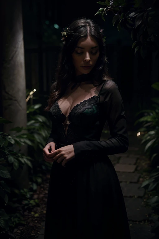 An enigmatic image of a night garden, where shadows intertwine with flashes of moonlight, creating a mysterious and captivating atmosphere. In the middle, a bouquet of black roses stands out in the darkness, symbolizing the duality of beauty and intrigue that characterize "Isabella Black".
