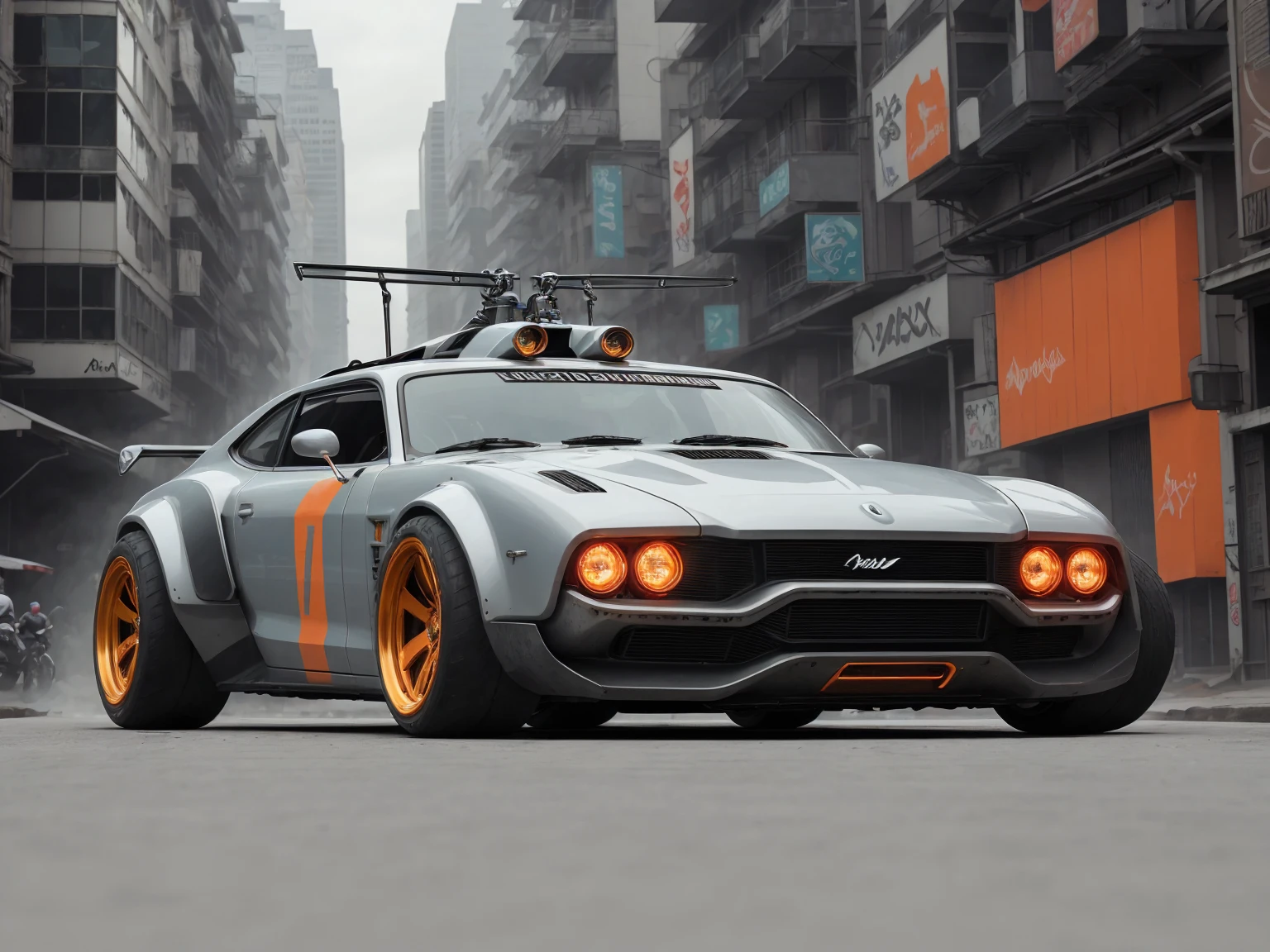 a 3/4 front view of ((futuristic cyberpunk hotrod zeekars)) (with glowing tires), at the street in a colorfull city, low, streamlined, sporty, metalic gray deep orange and pastel green, colors, backround, flat thin lights, wide tires, black rims