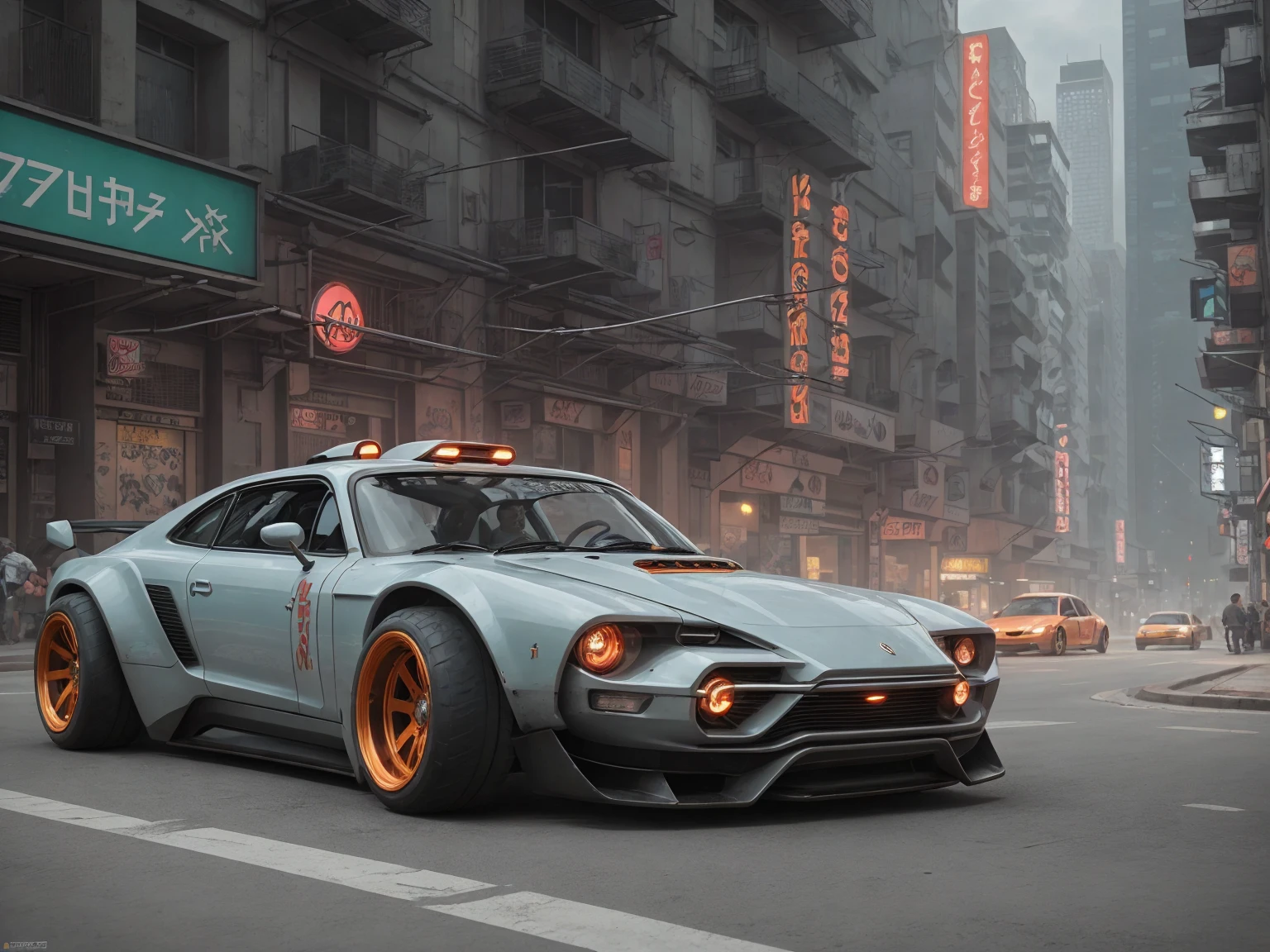 a 3/4 front view of ((futuristic cyberpunk hotrod zeekars)) (with glowing tires), at the street in a colorfull city, low, streamlined, sporty, metalic gray deep orange and pastel green, colors, backround, flat thin lights, wide tires, black rims