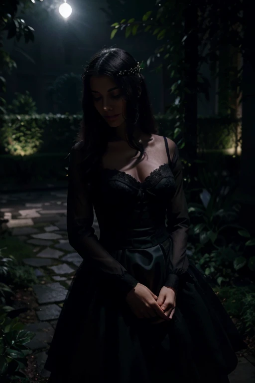 An enigmatic image of a night garden, where shadows intertwine with flashes of moonlight, creating a mysterious and captivating atmosphere. In the middle, a bouquet of black roses stands out in the darkness, symbolizing the duality of beauty and intrigue that characterize "Isabella Black".