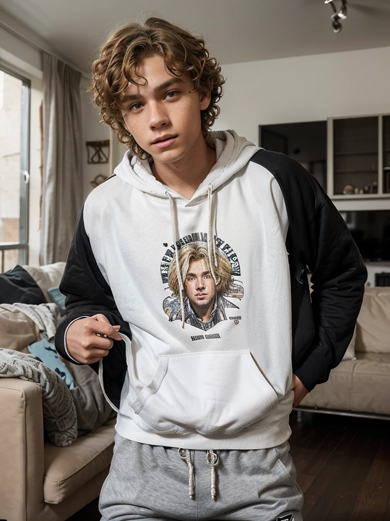  19 year old boy with a Curly medium dirty blonde hair, wearing a white hoodie with a dope art on it, with black athletic shorts, inside the livingroom , freckles 