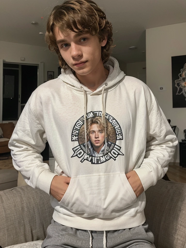 19 year old boy with a Curly medium dirty blonde hair, wearing a white hoodie with a dope art on it, with black athletic shorts, inside the livingroom , freckles