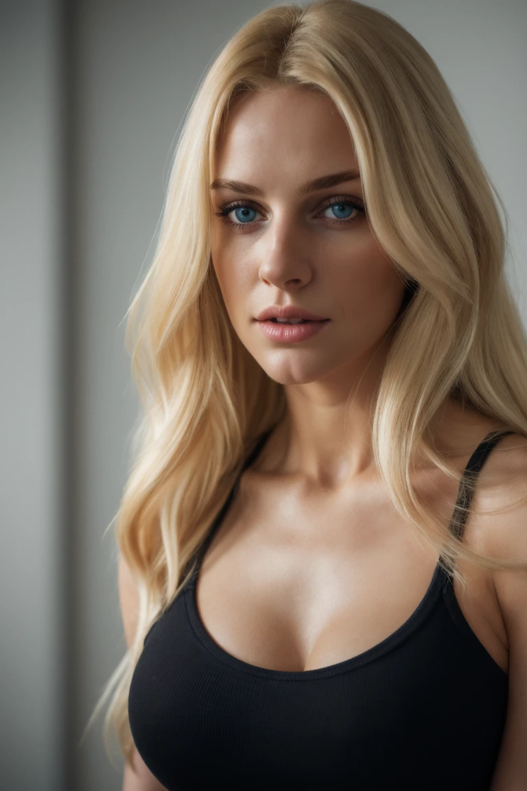 Alena Croft, realistic photo of a beautiful woman with blond hair, slightly bleached hair roots, beautiful Swedish student, blonde, full body, (Alena Croft) women doing stretching at fitness, posing in fitness, best quality, 1 girl , blurred background , bokeh, (house: 1.4), ((wearing black sports outfit)), looks warm, gorgeous, beautifully detailed, (dynamic pose: 1), soft lighting, wind, (( portrait:1.4), UHD,Premium quality,(brightness:0.7),frame,best quality,ultra high resolution,(photorealistic:1.4),,high resolution,detailed,raw photo,Sharp Re,dress code consistent, consistent body structure, detailed face, detailed belly, detailed body structure, photorealistic, photo, masterpiece, realistic, realism, photorealism, high contrast, trending photorealistic digital art on Artstation 8k HD high definition detailed realistic, detailed, blonde, big cleavage, big breasts, skin texture, hyper detailed, realistic skin texture, underwire, best quality, ultra high resolution, (photorealistic: 1.4), high resolution, detailed, raw photo, Sharp Re, by Lee Jeffries Film Stock Photography Nikon D850 4 Kodak Portra 400 Camera F1.6 Lens Rich Colors Realistic Texture Hyper Realistic Spectacular Lighting, Unreal Engine, Trendy on artstation cinestill 800, UHD, Premium Quality, (Bright Illumination: 0.7), masterpiece, wide angle shot, raw photo (25 year old pale blonde woman, looking at viewer) blonde hair, detailed hands, correct hand position, detailed