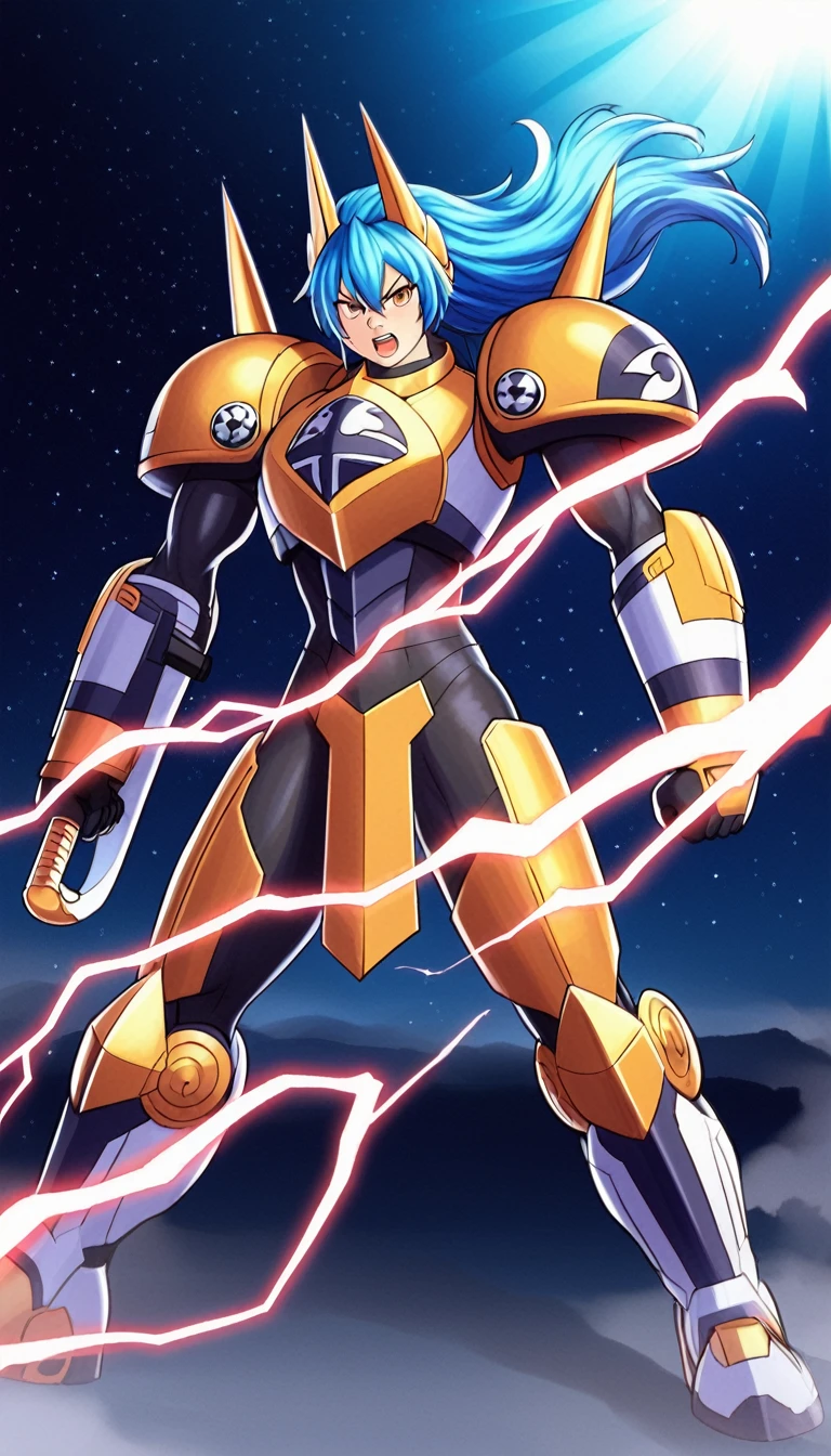 Kemono Fantasy Warfare Anime inspired by Mega Man X Setting: A furious Reploid Kemono Wolf Goddess with flowing, long, electric blue hair, (One Character), wielding a (thundering sword), electricity, wearing space marine power armor, charging into a Chaotic Battlefield, cinematic lighting, dramatic shadows, vibrant colors, hyper detailed, intricate textures, powerful expression, dynamic pose