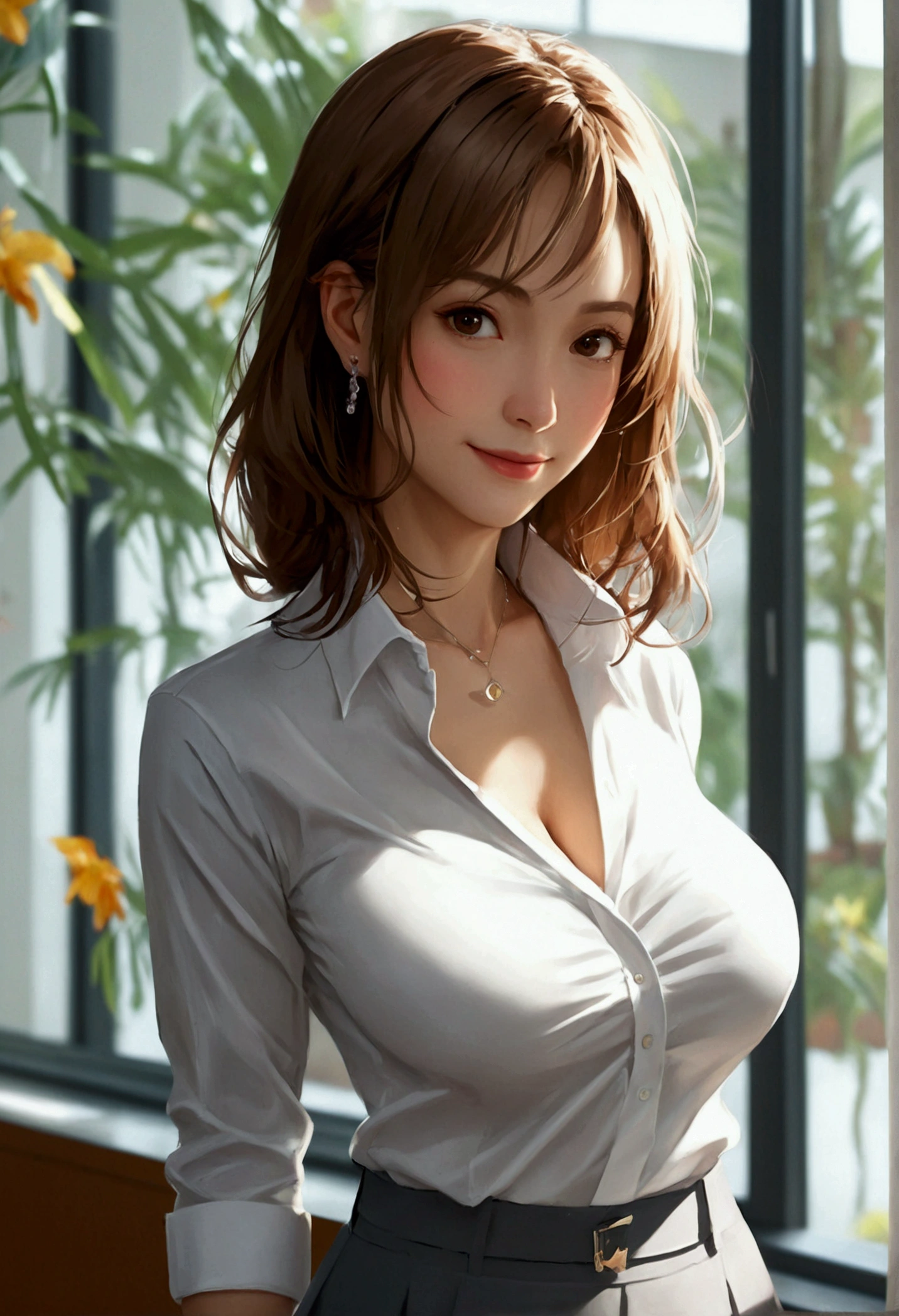((highest quality, 8K, masterpiece, Portraiture: 1.3)), (Looking at the audience), (Full Shot:0.85), Attractive business mature woman, 1 person, Slightly thicker:0.4,Light brown medium hair、 White collared shirt, Grey tight skirt,(Big Breasts) (Large pelvis:0.9), ((Are standing)), conference room、,Good posture、Afternoon H-stab insertion conference room、Bright room、((A gentle smile))、A gaze that seduces viewers、