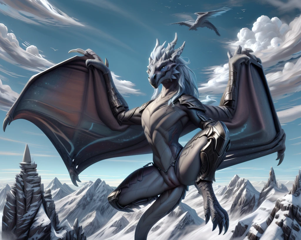 an extremely talented impressionist painting of mature AurothDOTA wyvern flying in mountains, flying over clouds, hung in the air, north background, mountains, masterpiece, best quality, ultra-high-detailed, feral, female, quadripedal, detailed scales, slim body, athletic, curvy, light blue mane, uploaded on e621, nsfw, questionable content, scalie, wings, wyvern, small breats, flat chested, focus on face, angry expression, fury, cloaca, pussy, non-covering armor, steel skimpy armor, leather belts, presenting pussy, above viewer