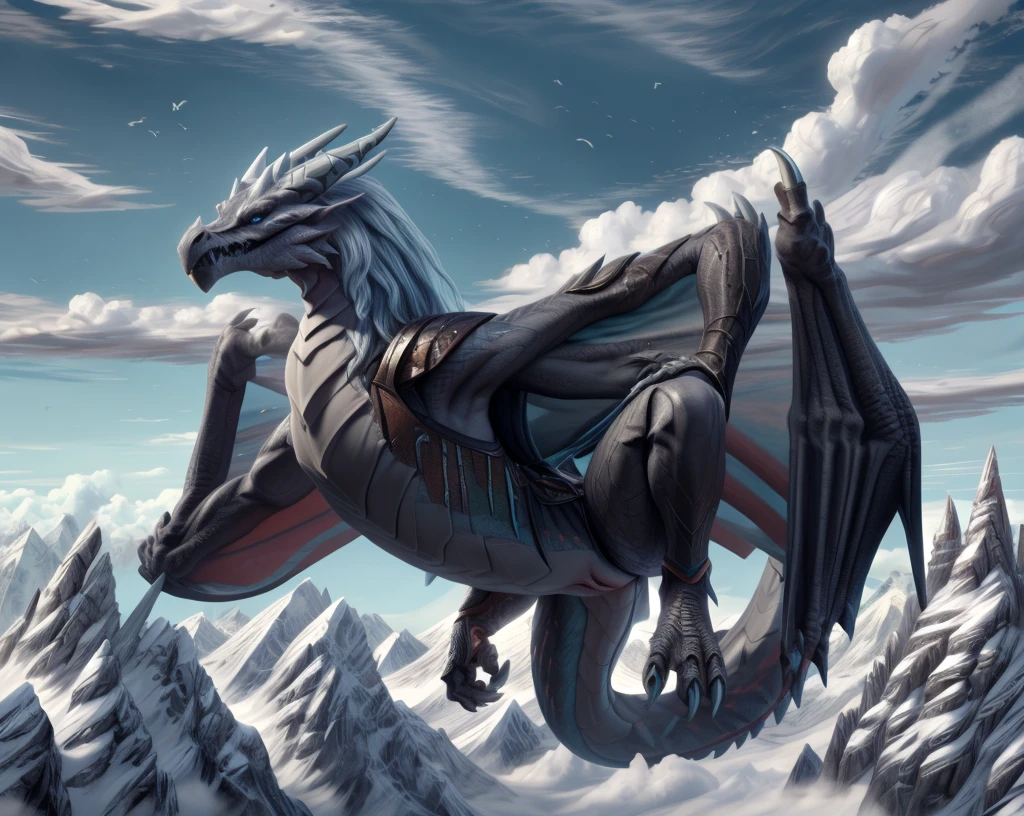 an extremely talented impressionist painting of mature AurothDOTA wyvern flying in mountains, flying over clouds, hung in the air, north background, mountains, masterpiece, best quality, ultra-high-detailed, feral, female, quadripedal, detailed scales, slim body, athletic, curvy, light blue mane, uploaded on e621, nsfw, questionable content, scalie, wings, wyvern, small breats, flat chested, focus on face, angry expression, fury, cloaca, pussy, non-covering armor, steel skimpy armor, leather belts, presenting pussy, above viewer