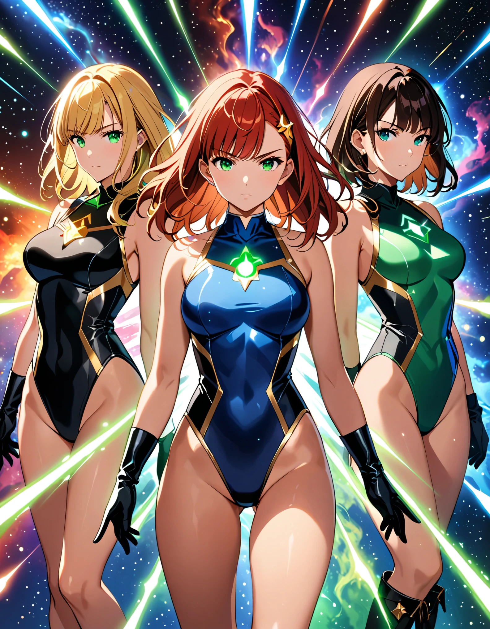Create an image of three girls, each wearing a sleeveless leotard in different vibrant colors, bare legs, medium breasts, and (matching gloves and boots). The (first girl on the left) is a (blonde with bangs, and green eyes), wearing a (black leotard) with a (taurus\(astrological sign\) (symbol) on her chest). The (second girl in the center) is a (redhead with bob hair and blue eyes), wearing a (green leotard) with a (taurus\(astrological sign\) (symbol) on her chest). The (third girl on the right) is a (black-haired brunette with bangs, and hazel eyes, wearing a (blue leotard) with a (taurus\(astrological sign\) (symbol) on her chest). All three girls are standing together with legs apart and raised arms, each surrounded by a glowing aura. outer space backdrop, cowboy shot, serious. masterpiece, best quality, hires. diffraction spikes, light particles.