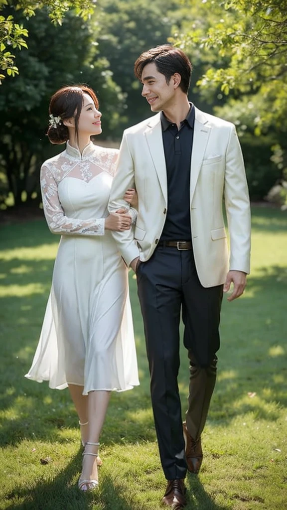 They walked hand in hand on the grass, husband and wife walking hand in hand, man and woman walking together, lovely husband and wife, romantic husband and wife, ruan jia and brom, Still in the movie, happy husband and wife, photo 1 5 mm, smiling husband and wife, Still in the movie, husband and wife, wearing white clothes, looking at each other passionately, promotional movie still