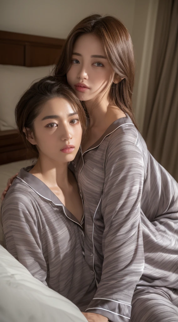 2girls,bed looking at viewer, from above,Japanese ,brown hair, (pajamas),(open clothes:1.2),lying,bed,Japanese girl,small breasts,sleeping,(pajamas:1.2),lying bed,(closed eyes:1.2),upper body,
