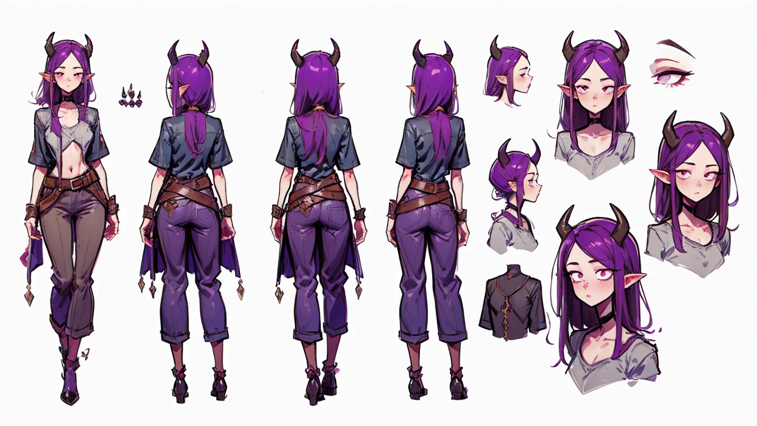 (Masterpiece, best quality), detailed, 1girl, ((character concept art)), ((character design sheet, same character, front, side, back)), many items, (Tiefling Girl, purple hair, purple skin, purple horns, flat chest, in a shirt and pants with a belt, medieval clothing, stands tall