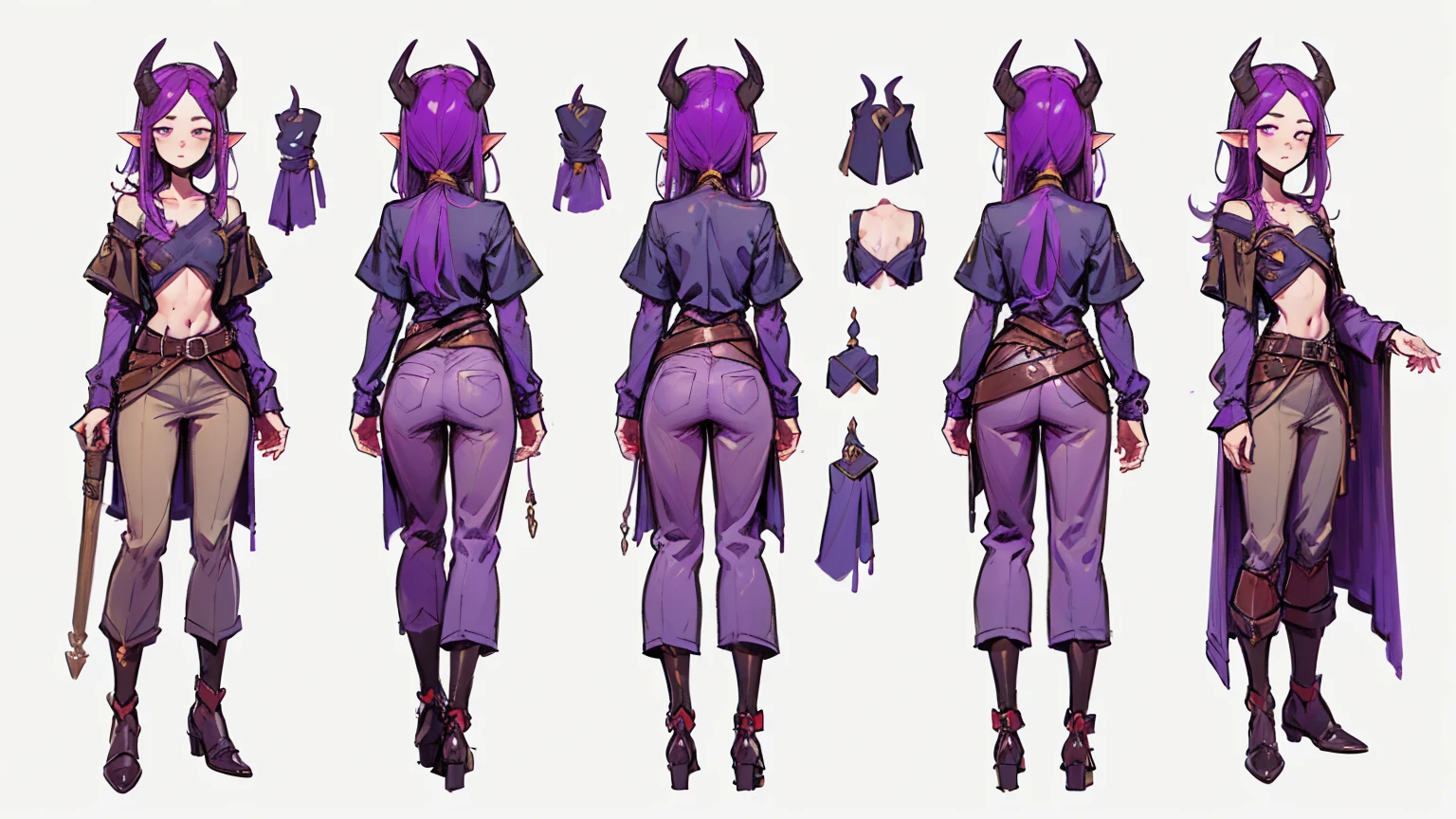 (Masterpiece, best quality), detailed, 1girl, ((character concept art)), ((character design sheet, same character, front, side, back)), many items, (Tiefling Girl, purple hair, purple skin, purple horns, flat chest, in a shirt and pants with a belt, medieval clothing, stands tall