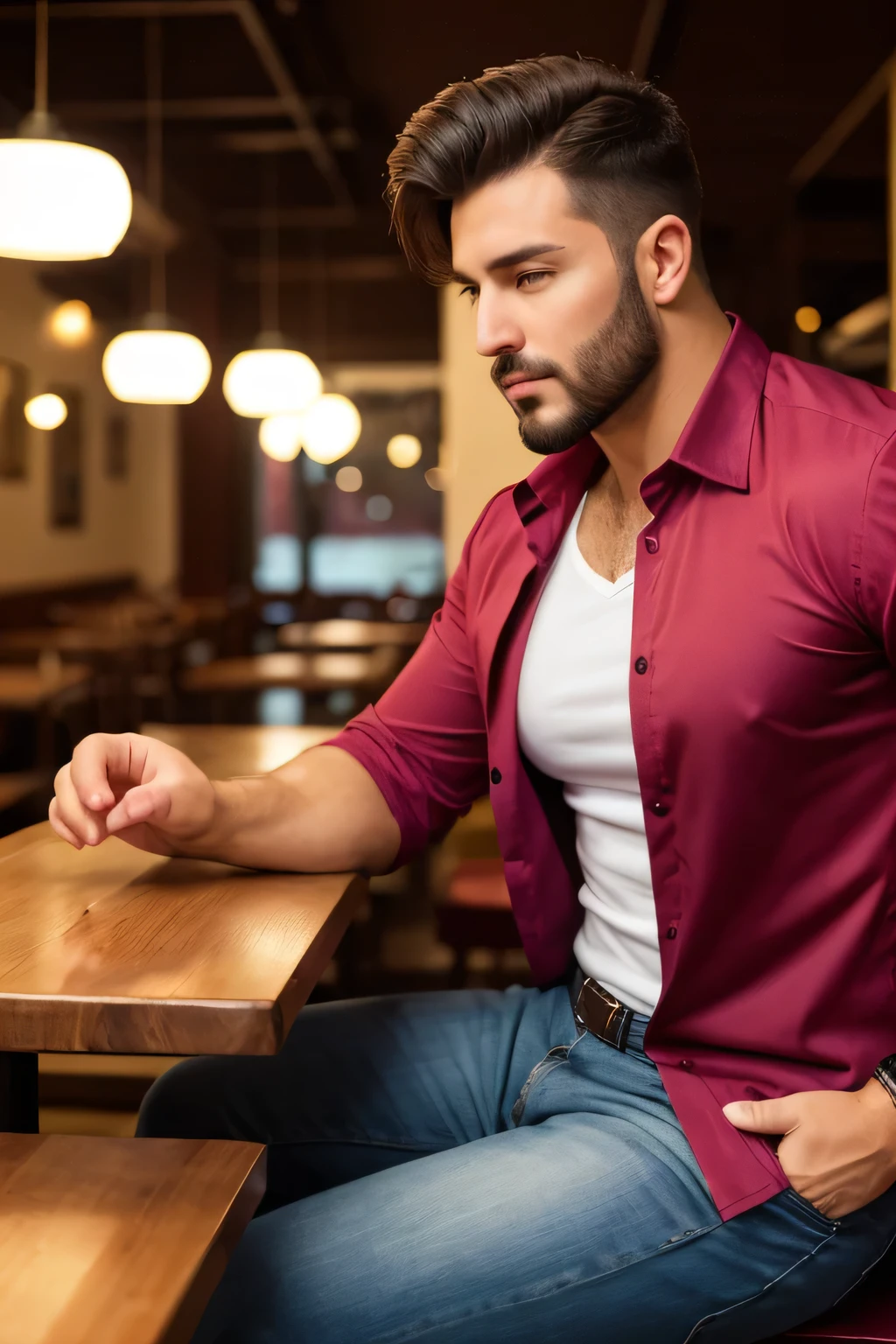 Michele Vittorio macho handsome purple shirt, bearded and muscular man, very handsome and manly, intricate, elegant, sharp focus, photo by greg rutkowski, Soft lighting, vibrant colors, masterpiece, sentado en un restaurante, sexy Whole body, black jeanscon estoperoles ,big bulge , red and white shirt versace elegant different warm colors in profile , sexy hot, cinturón grueso con estoperoles, piernas fuertes y musculosas, gran bulto manos masculinas