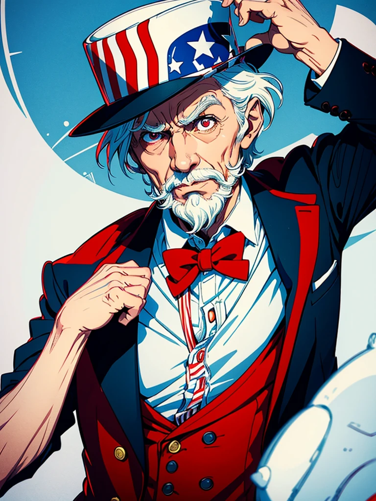 Man. his hands is up and fingers towards us, as Uncle Sam, (Uncle Sam Style) he is making hypnosis.He has Red eyes and white short hair, wearing white, his hands up and a bow tie. he is making hypnosise with his hand. Dracula style. comics anime style, 70s poster, pop punk art style (No background) (portrait of his upper body) (Uncle Sam Style position and looking on face)