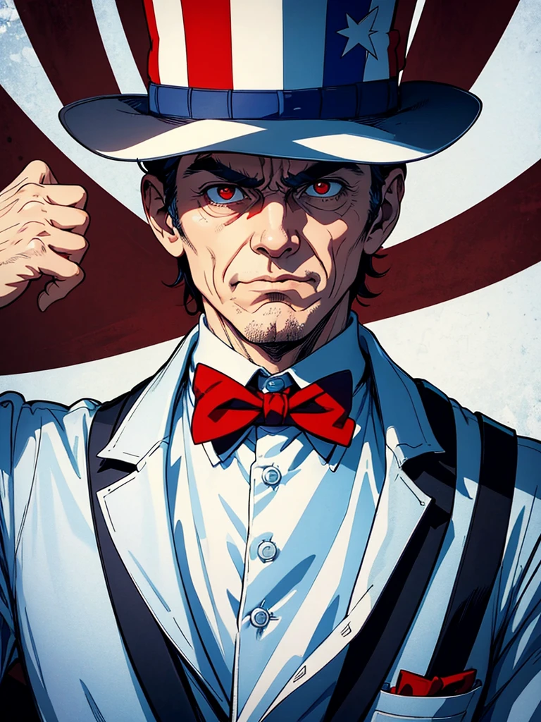 Man. his hands is up and fingers towards us, as Uncle Sam, (Uncle Sam Style) he is making hypnosis.He has Red eyes and white short hair, wearing white, his hands up and a bow tie. he is making hypnosise with his hand. Dracula style. comics anime style, 70s poster, pop punk art style (No background) (portrait of his upper body) (Uncle Sam Style position and looking on face)