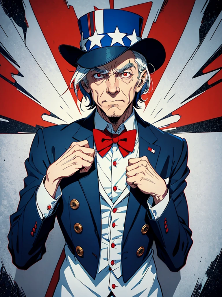 Man. his hands is up and fingers towards us, as Uncle Sam, (Uncle Sam Style) he is making hypnosis.He has Red eyes and white short hair, wearing white, his hands up and a bow tie. he is making hypnosise with his hand. Dracula style. comics anime style, 70s poster, pop punk art style (No background) (portrait of his upper body) (Uncle Sam Style position and looking on face)