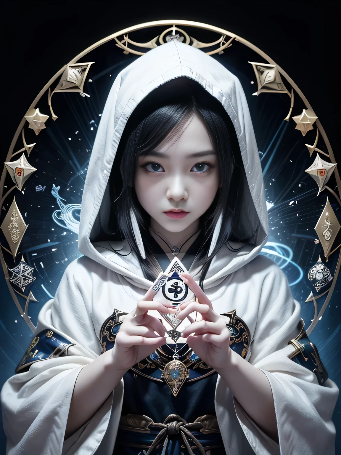 onmyoji,Metal Photo Frame,card,tarot cards:1.37.A mysterious fortune teller wearing a white hood,Finger taps an array of tarot cards in the air,Symbols and mystical elements,Ancient and mysterious atmosphere,Realistic illustration details,Vibrant and energetic composition,White style,Gothic style