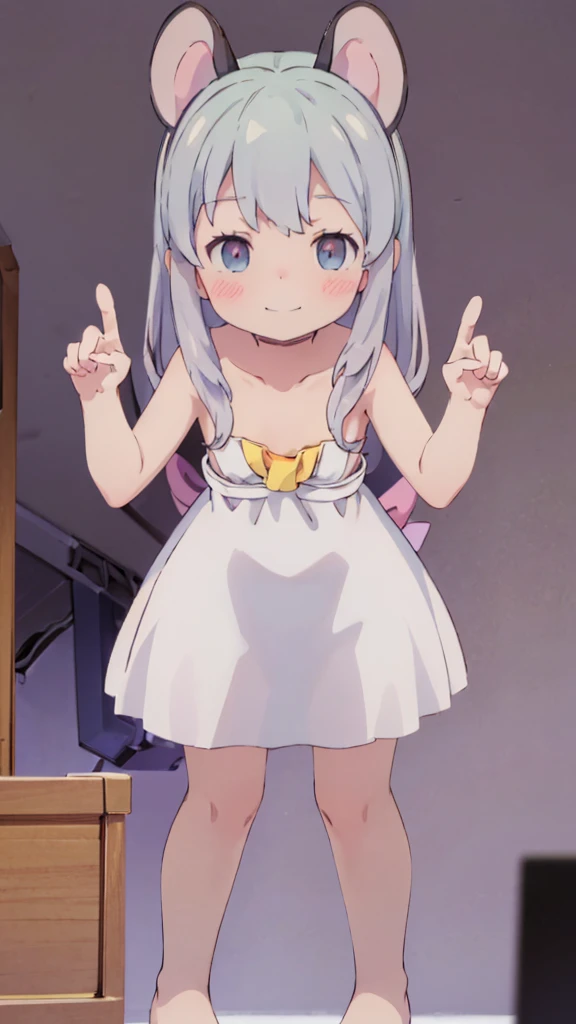 ((masterpiece))((Highest quality))Mouse Ears、girl、smile、blush、Flat Chest、Are thin、Gray Hair、blush、Are standing、Whole body image、Even your toes are visible、Eye level on face、front、No background、Mouse pose、真frontのアングル、Completely naked