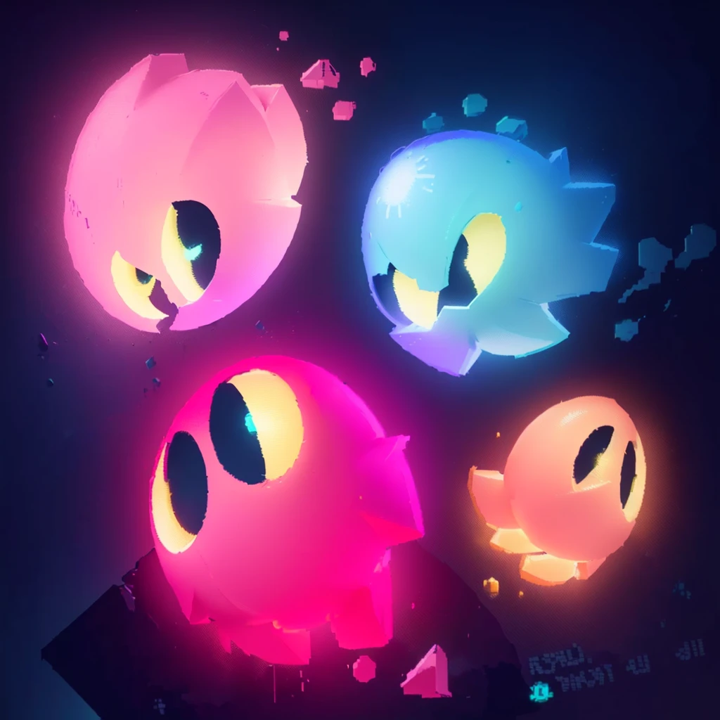 there are four different colored lights that are glowing up, glowing sprites, video game fanart, pacman, official fanart, ghosts, nintendo game art, splash art brawlstars, background artwork, ghost neon, profile picture 1024px, game art, videogame art, glowing lights! digital painting, game art!!, 3d game fanart