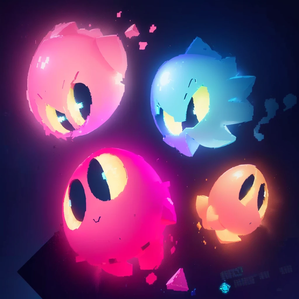 there are four different colored lights that are glowing up, glowing sprites, video game fanart, pacman, official fanart, ghosts, nintendo game art, splash art brawlstars, background artwork, ghost neon, profile picture 1024px, game art, videogame art, glowing lights! digital painting, game art!!, 3d game fanart