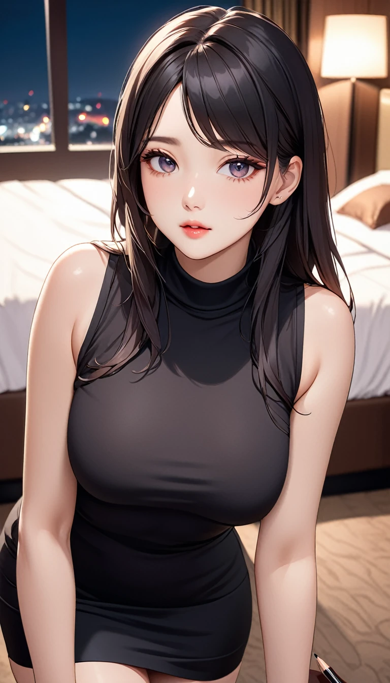 masterpiece, high resolution, beautiful woman, Korean Beauty, 30 years old, black sleeve less sweater, mini pencil skirt, beautiful woman, night hotel, looking at me, high resolution face, (high resolution eyes), black hair, curvy
