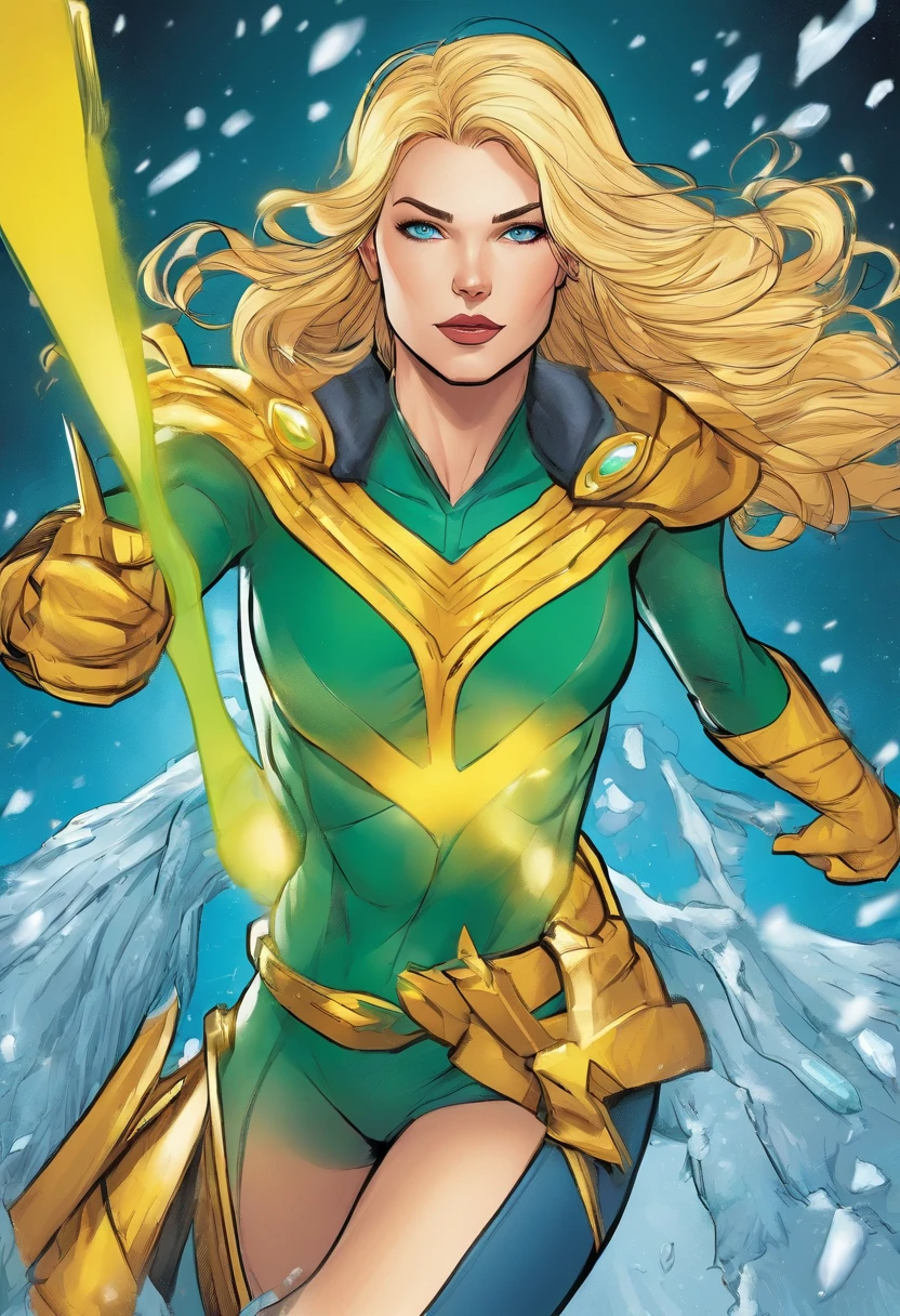 Superhero woman with fair skin, blondie hair, blue colored eyes. Green and yellow uniform.
powers:Control over ice and snow, ability to create ice storms.