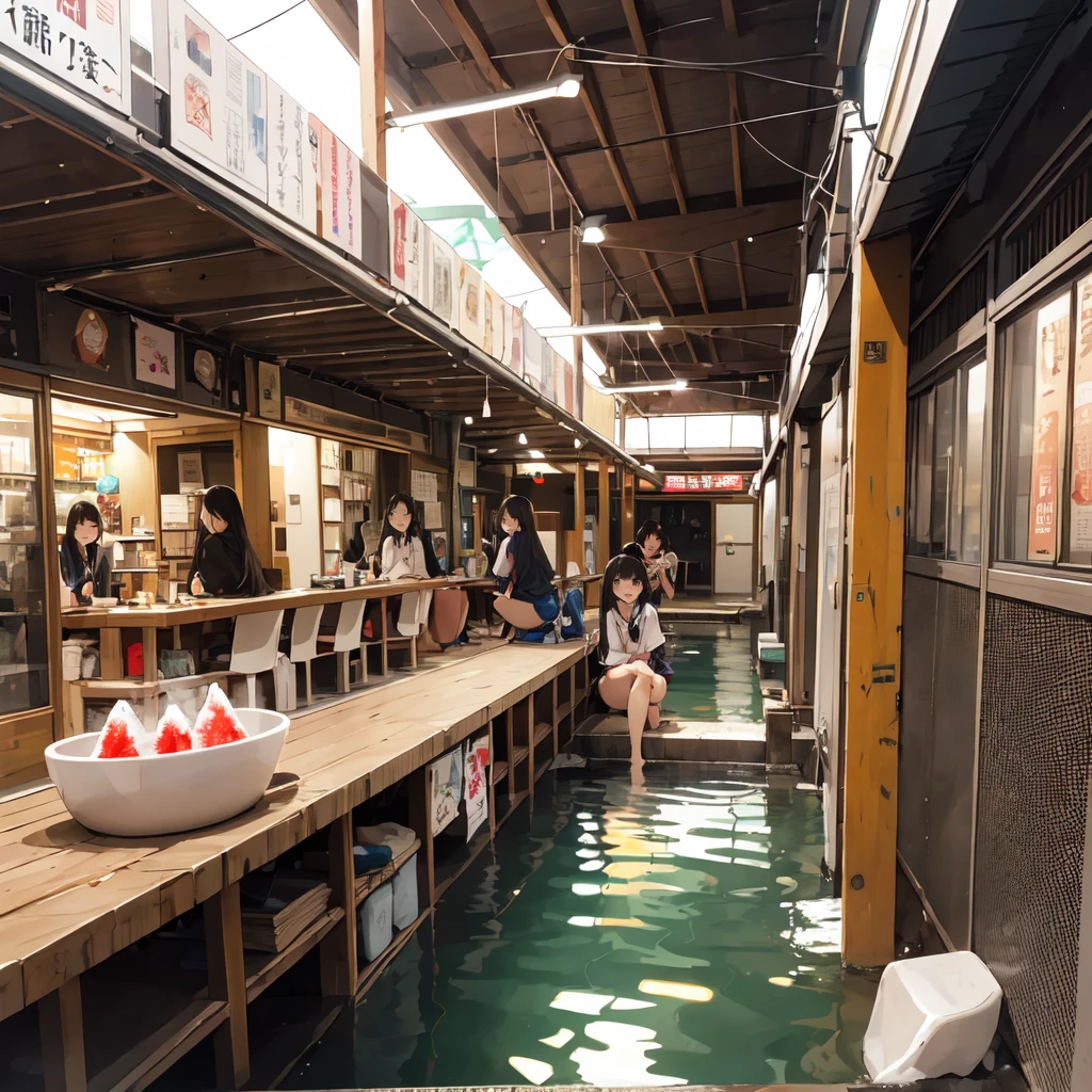 (masterpiece、Highest quality)、(Photorealistic photography)、1 picture、(Japan's dimly lit underground mall)、Japan favelas、13 years old、Detailed and cute face、Poor conditions、((Underground hot spring facilities))、shaved ice、Sale of drinks、Unsanitary and dim、(stage)、((Big bath))、(Taking a bath)、Shady Red Light District、diet、(Many female junior high school students)、(Prostitute)、へにょへにょしたsmile、Happy schoolchildren、Perfect Anatomy、smile