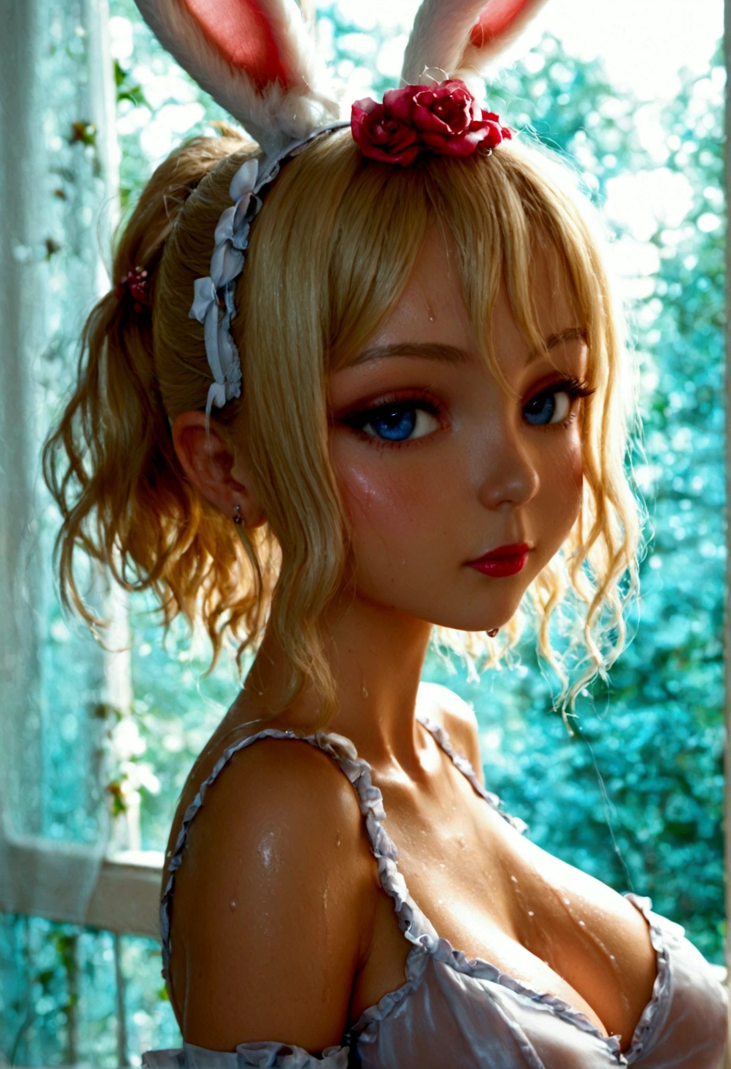 1 blonde short ponytail ****，beautiful eyes(穿Bunny Girl),(pouty),E7E48U，All sweaty，Large Breasts，