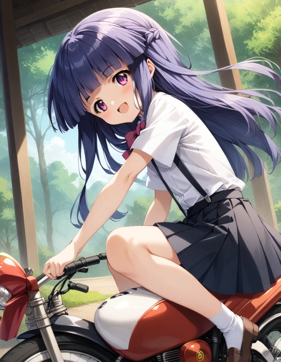 score_9, score_8_up, score_7_up, score_6_up, source_anime,,,,1girl, solo, furude rika, (tween:1), kawaii, blue hair, purple eyes, long hair, blunt bangs, bangs, bow, skirt, shirt, suspenders, smile, short sleeves, pleated skirt, white shirt, open mouth, red bow, ^_^, suspender skirt, , black skirt, collared shirt, blush, bowtie, blunt bangs, dress shirtt, ,  anime coloring.serious,(a girl riding a motorcycle at full speed:1.3),(from side),),,,(serious expression:1.1)、