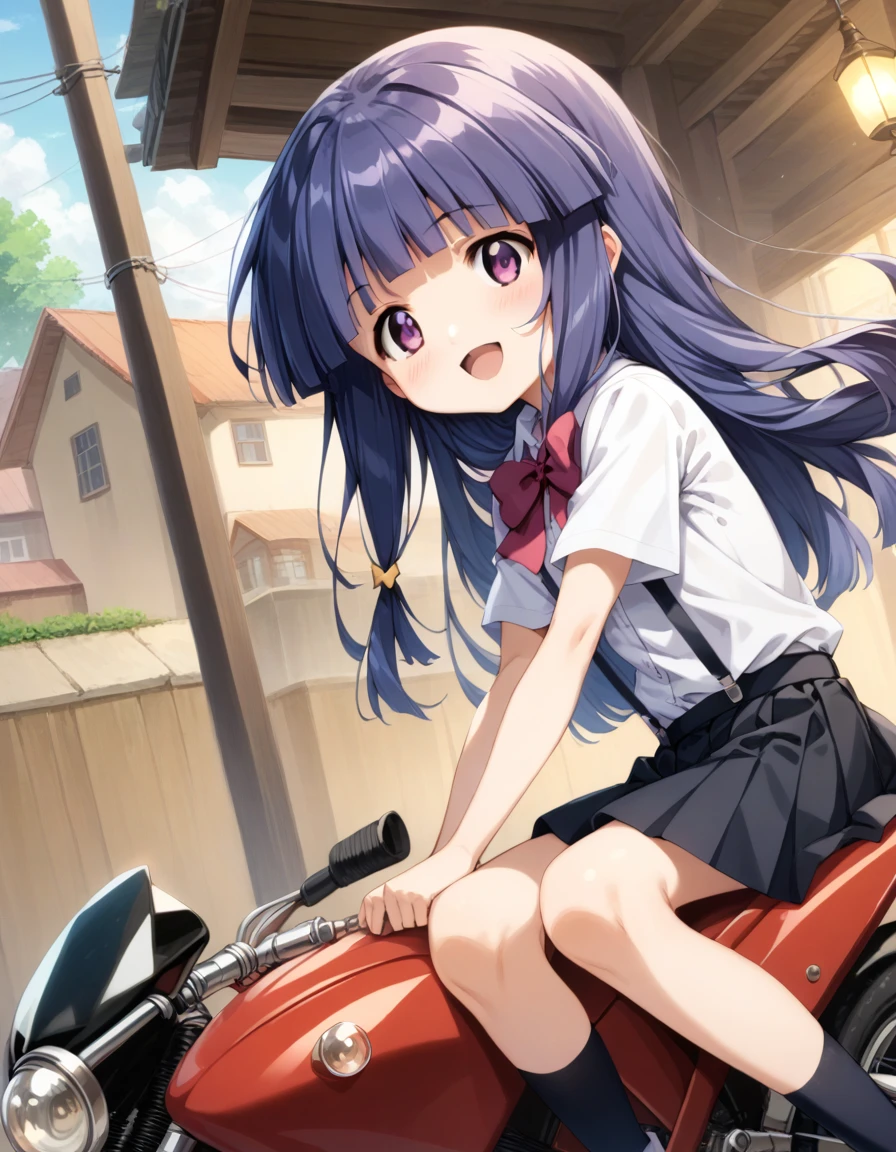 score_9, score_8_up, score_7_up, score_6_up, source_anime,,,,1girl, solo, furude rika, (tween:1), kawaii, blue hair, purple eyes, long hair, blunt bangs, bangs, bow, skirt, shirt, suspenders, smile, short sleeves, pleated skirt, white shirt, open mouth, red bow, ^_^, suspender skirt, , black skirt, collared shirt, blush, bowtie, blunt bangs, dress shirtt, , anime coloring.serious,(a girl riding a motorcycle at full speed:1.3),(from side),),,,(serious expression:1.1)、