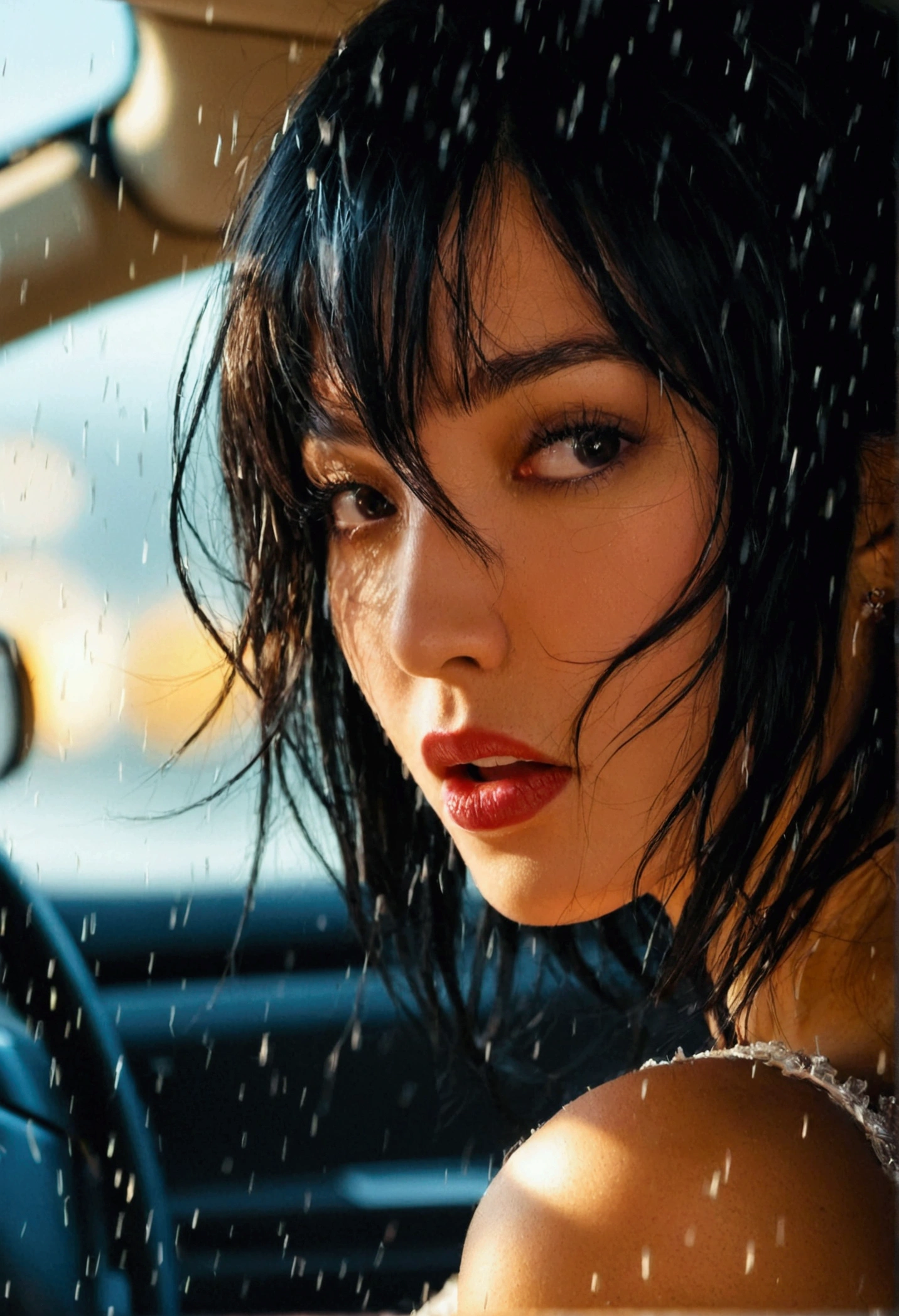 masutepiece,,award - winning photo, Extremely detailed, edgOrgasm,Face Focus, Woman with mouth open and eyes closed , Woman with Edge _Face、35 year old、A dark-haired、 News Anchor、inside of a car、panty shot