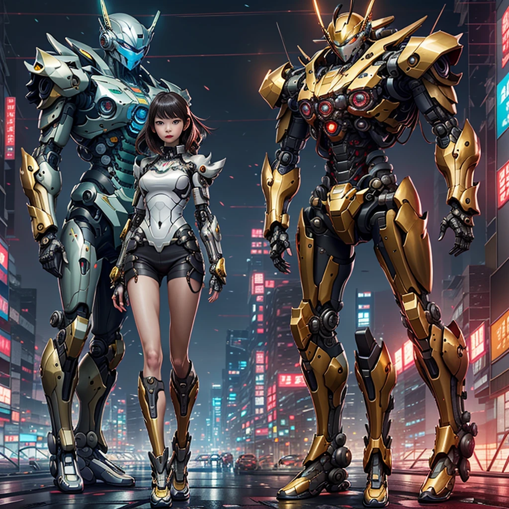 boutique,最high quality,Gold Jewelry,(My legs come off),Fairy Skin,(Faithfulness :1.2),Are standing,Very detailed,Realistic,high quality,Movie Light,Ray Tracking,Ultra HD,上半身 ショートパンツとジャケットを着た女の子が巨大ロボットの隣にAre standing, Gwaiz style artwork, Cyberpunk Mech, CGSTATION Trends, Gwaiz, Russell Dongjun Lu, Digital Cyberpunk Anime Art, Lostrun 8k, Gwaiz on ArtStation Pixiv, Mecha Network Armor Girl