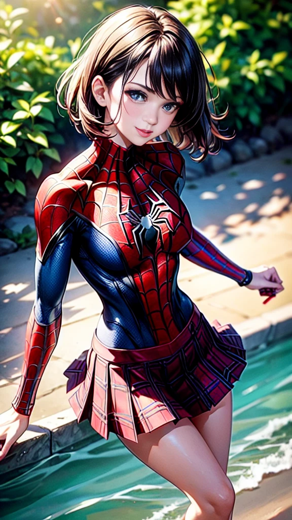 full body, (spider-man suit), nsfw, random view, best quality, masterpiece, movie grain, filmg, 1girl, looking at viewer, natural skin texture, realistic eye and face details, full lips, lips , (makeup), red eyeshadow, short messy hair, smile, open legs, slim complexion, slim_legs, only 1 woman, pre-large chest, cleavage, ((20% plaid miniskirt)), open white shirt, beautiful nature around flower location, (detailed background), neckline, Show a small cleavage through the shirt, blurred background, short sleeves, jk ribbon on the neck, brown-hair, bracelet, water, bangs, pleated skirt, depth of field, side sunlight rear, canon eos 50mm camera