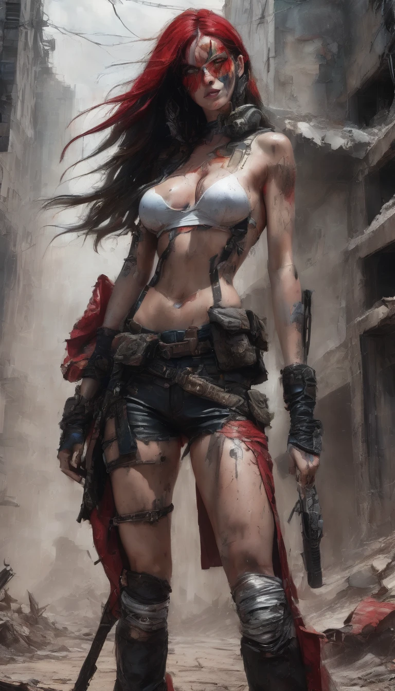 A post-apocalyptic warrior, a 35-year-old woman almost naked in the Simon Bisley style for the cover of Heavy Metal magazine, red leather top, half black half white, minimal clothing, Short clothes, detailed face and body, dramatic lighting, vibrant colors, dystopian, sandy, cinematographic, Masterpiece, hyper detailed, ultra realistic, 8k, Very detailed