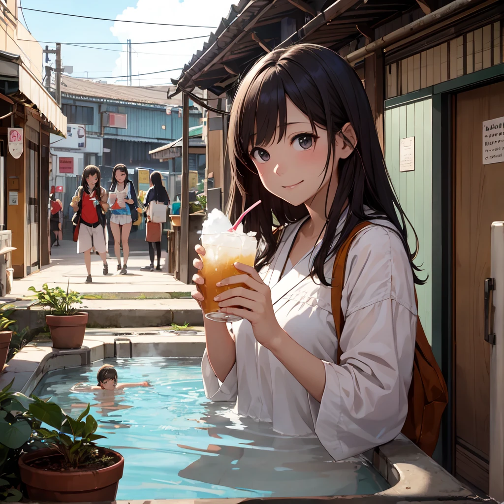 Hinata Hyuga wrapped in a towel, sitting on a bench in the sauna and drinking beer