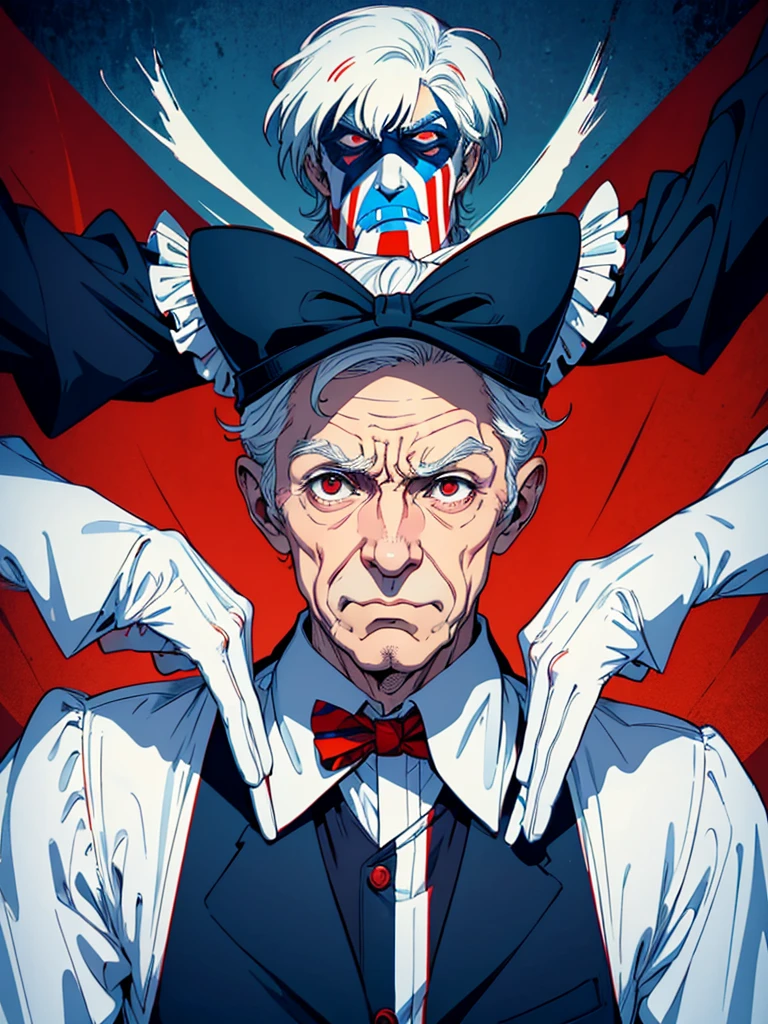 Man. his hands is up and fingers towards us, as Uncle Sam, (Uncle Sam body position and looking on face) he is making hypnosis.He has Red eyes and white short hair, wearing white, his hands up and a bow tie. he is making hypnosise with his hand. Dracula style. comics anime style, 70s poster, pop punk art style (No background) (portrait of his upper body) (Uncle Sam body position and looking on face)