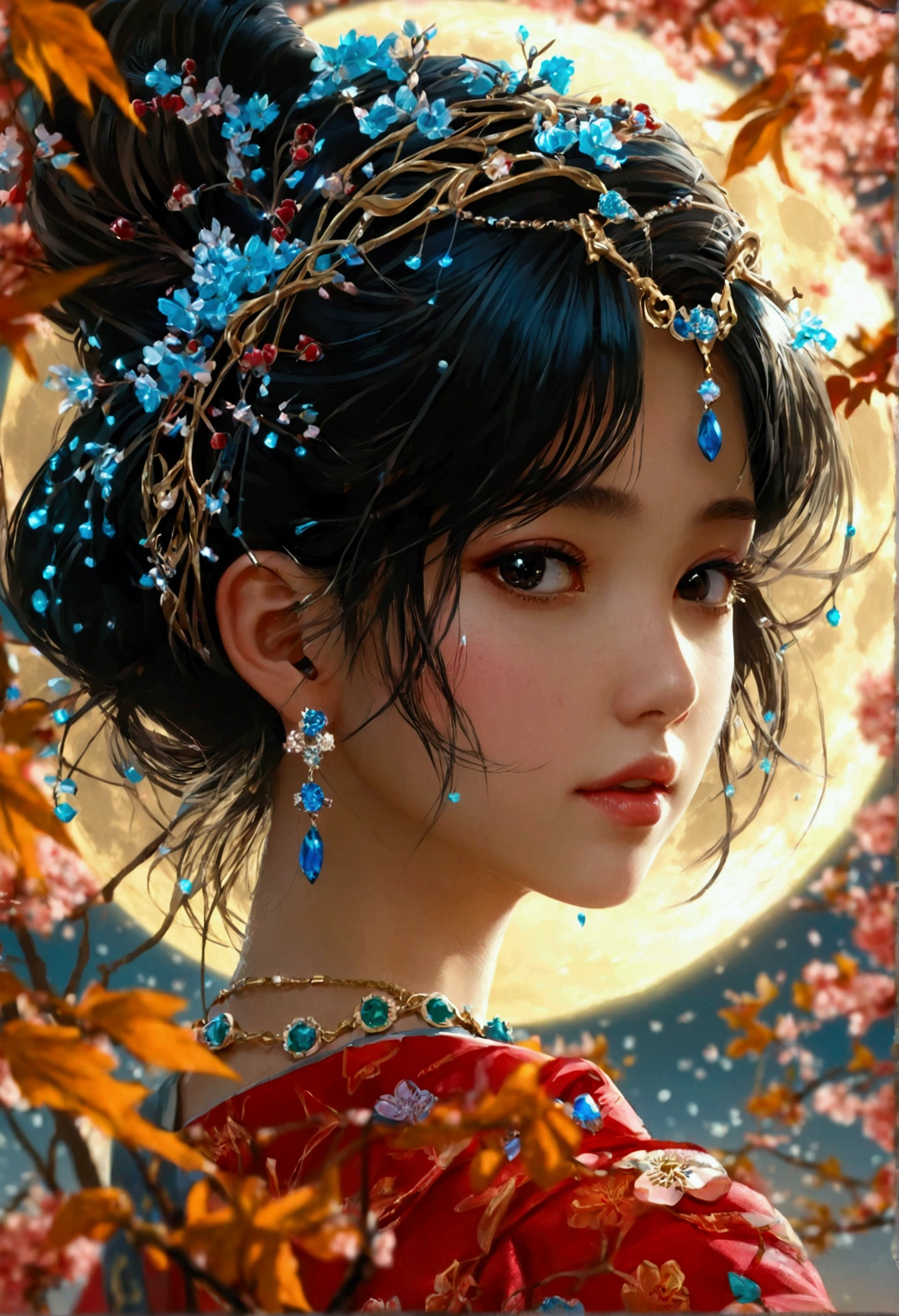 (,1 Girl, Throw,best quality,masterpiece, ) ,(((,night, Full Moon, Cherry blossoms, ))) Ultra-realistic 8k CG, Flawless, Clean, masterpiece, Professional artwork, Famous Artworks, Movie Lighting, Bloom, Perfect face, Pretty Face, fantasy, Like a dream, illusory, Science fiction, luxurious, Jewelry, diamond, Kaneko, pearl, gem, 蓝gem, 红gem, emerald, Intricate details, Exquisite pattern, charming, Tempting, Tempting, , enchanting, Hair accessories, necklace, earrings, bracelet, armband,Halo,Autumn leaves,