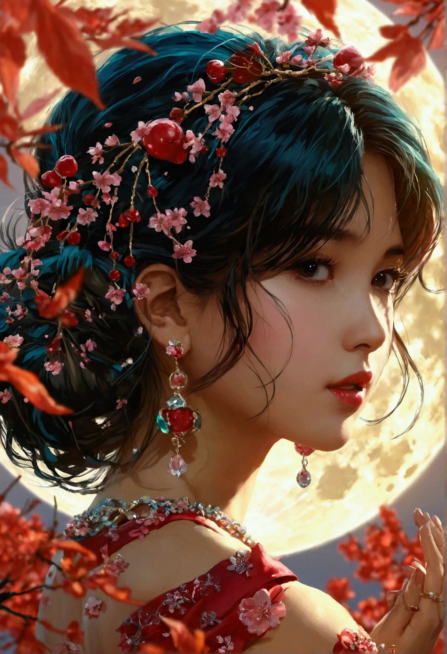 (,1 Girl, Throw,best quality,masterpiece, ) ,(((,night, Full Moon, Cherry blossoms, ))) Ultra-realistic 8k CG, Flawless, Clean, masterpiece, Professional artwork, Famous Artworks, Movie Lighting, Bloom, Perfect face, Pretty Face, fantasy, Like a dream, illusory, Science fiction, luxurious, Jewelry, diamond, Kaneko, pearl, gem, 蓝gem, 红gem, emerald, Intricate details, Exquisite pattern, charming, Tempting, Tempting, , enchanting, Hair accessories, necklace, earrings, bracelet, armband,Halo,Autumn leaves,