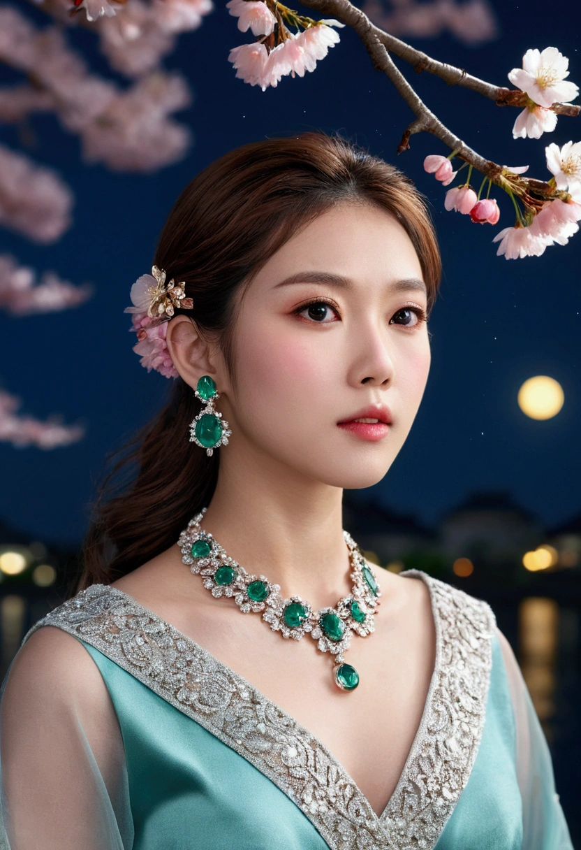 (,1 Girl, Throw,best quality,masterpiece,  ) ,(((,night, Full Moon, Cherry blossoms, )))   Ultra-realistic 8k CG, Flawless, Clean, masterpiece, Professional artwork, Famous Artworks, Movie Lighting, Bloom, Perfect face, Pretty Face, fantasy, Like a dream, illusory, Science fiction, luxurious, Jewelry, diamond, Kaneko, pearl, gem, 蓝gem, 红gem, emerald, Intricate details, Exquisite pattern, charming, Tempting, Tempting, , enchanting, Hair accessories, necklace, earrings, bracelet, armband,Halo,Autumn leaves,