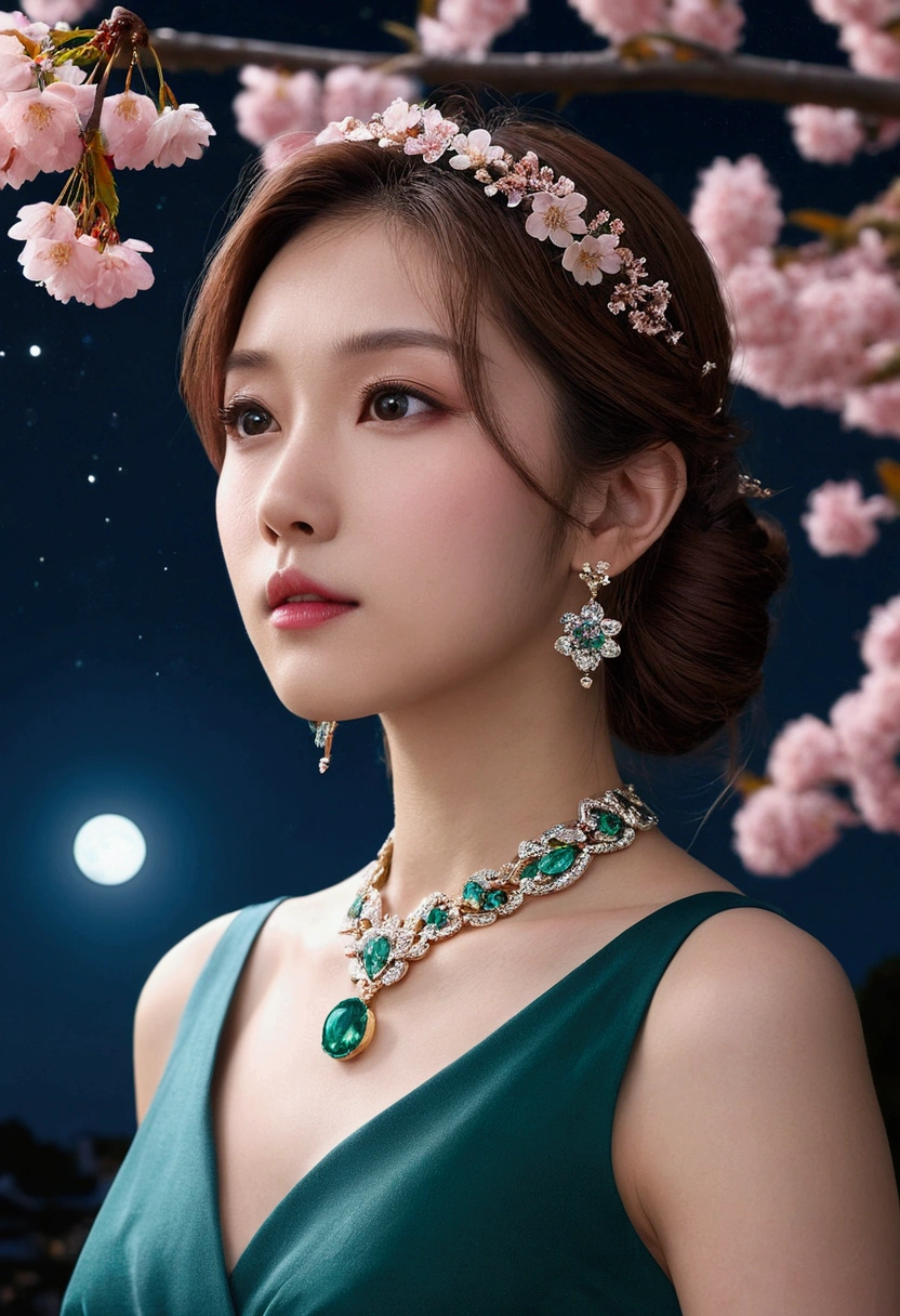(,1 Girl, Throw,best quality,masterpiece,  ) ,(((,night, Full Moon, Cherry blossoms, )))   Ultra-realistic 8k CG, Flawless, Clean, masterpiece, Professional artwork, Famous Artworks, Movie Lighting, Bloom, Perfect face, Pretty Face, fantasy, Like a dream, illusory, Science fiction, luxurious, Jewelry, diamond, Kaneko, pearl, gem, 蓝gem, 红gem, emerald, Intricate details, Exquisite pattern, charming, Tempting, Tempting, , enchanting, Hair accessories, necklace, earrings, bracelet, armband,Halo,Autumn leaves,