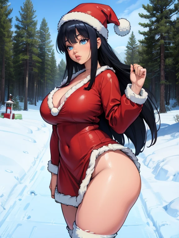 Hinata Hyuga in Christmas clothes, extremely lifelike, sexly, big-ass, legs thick, Fitness, red christmas clothes, Santa Claus hat, clothes with cute details in white, gaben, sleigh in the background, pine trees in the background