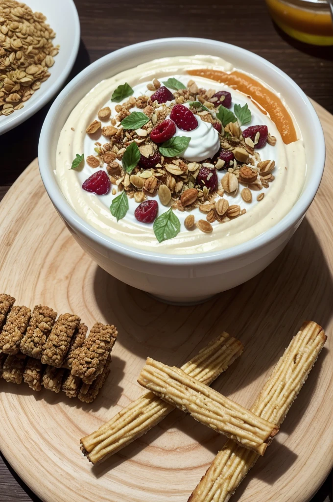 Create an image of a variety of healthy snacks including vegetable sticks with hummus, a mix of dried fruits and nuts, and Greek yogurt with honey and granola. The table should look inviting and vibrant, highlighting freshness and health